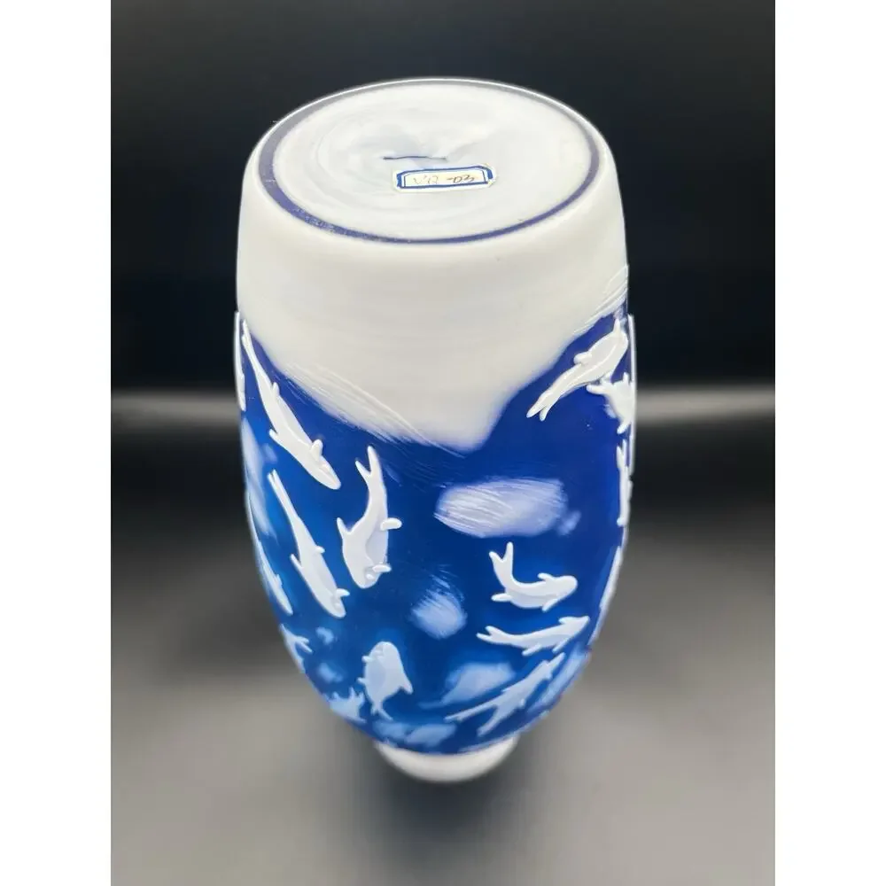 Emile Galle Reproduction Blue Cameo Glass Vase with White Fish 14” Coastal Decor